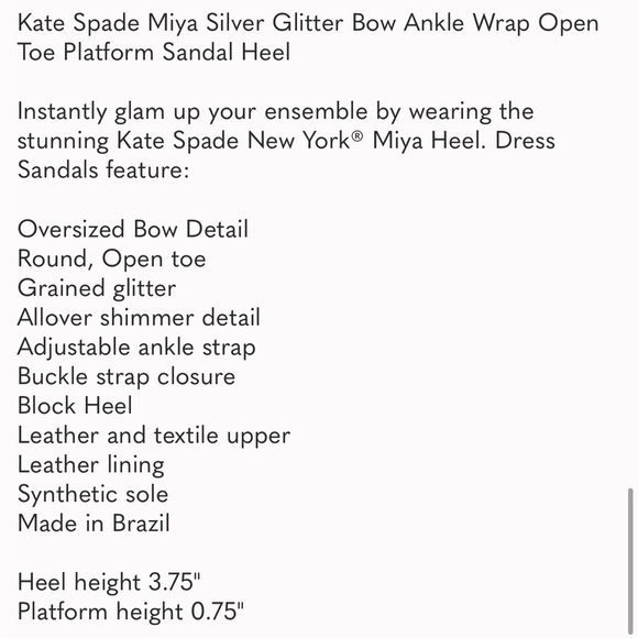 Kate Spade Miya Silver Glitter Bow Ankle Wrap Open Toe Platform new no box